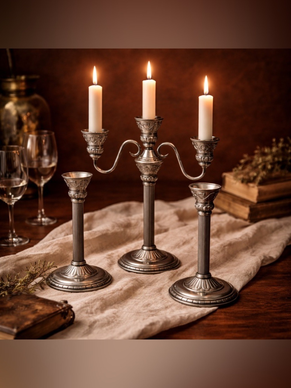 Silver Tone Candelabra Set (3) • Classic Ornate Candle Holders • Timeless Decor